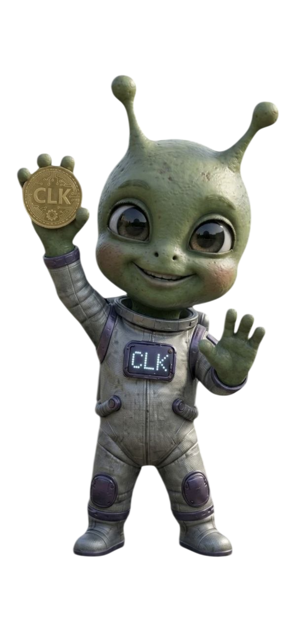 El alien de Crypto Alien sosteniendo una moneda CLK dorada